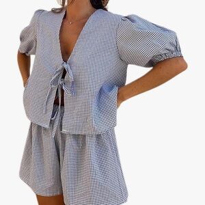 **sold** Gingham Tie-Front Top and Shorts Set